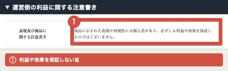 POINT ZERO運営側の利益や効果を保証しない注意書き