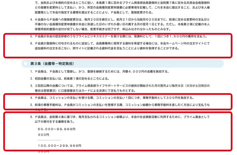 セミナー代、追加資料代、報酬事務手数料、基金への寄付を定めるP会員規約