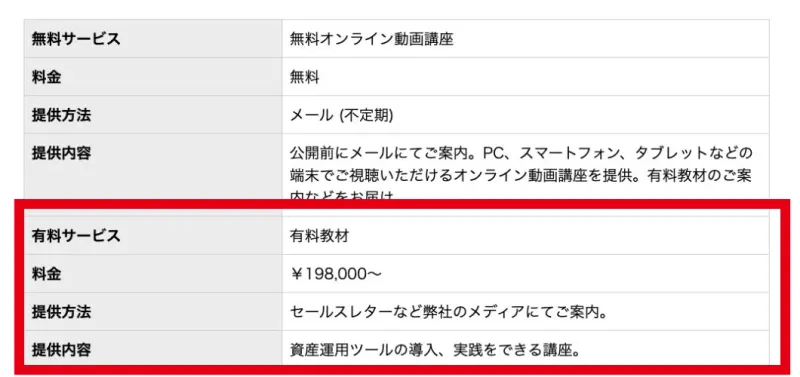 IDEAS GROVE PTE.LTD.の共通サービス案内にある有料教材19万8000円からの料金表示