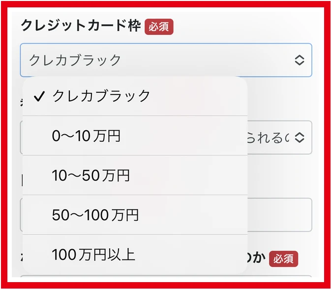 物販ONEの審査フォームに表示されたクレジットカード利用可能枠の選択肢