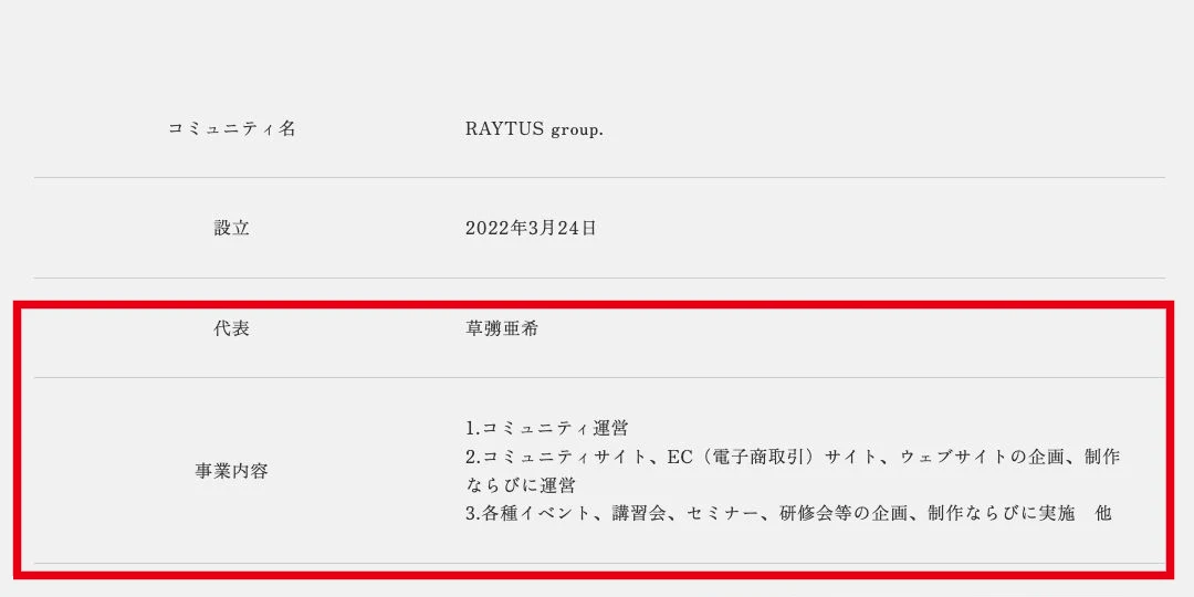 RAYTUSの企業概要に代表草彅亜希とコミュニティ運営などの事業内容が記載されている