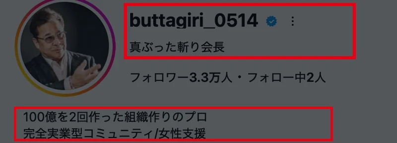 インスタの真ぶった斬り会長のアカウント。名前の下に、100億を2回作った組織作りのプロ、完全実業型コミュニティ/女性支援と書かれている