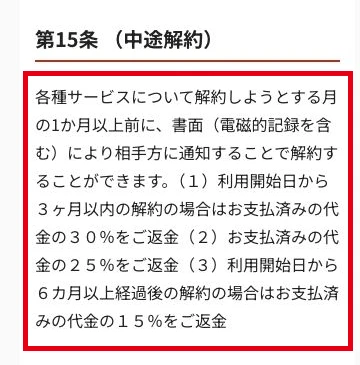 解約の通知期限と返金割合を記載した利用規約第15条