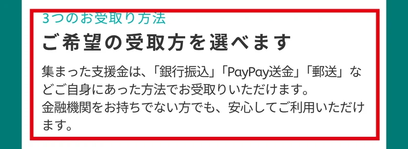 CLOUD FUNDの広告に集まった支援金は銀行振込・PayPay送金・郵送などで受け取れると書かれた部分
