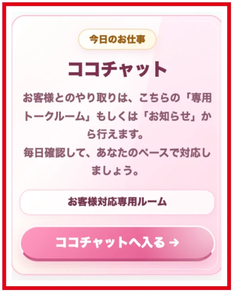 今日のお仕事としてココチャットと専用トークルームを説明する画面