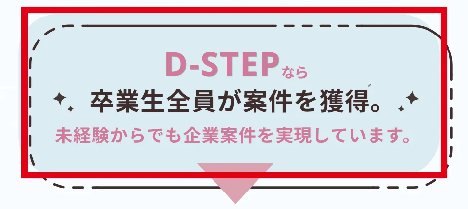 D-STEPなら卒業生全員が案件を獲得し、未経験からでも企業案件を実現するとする表示