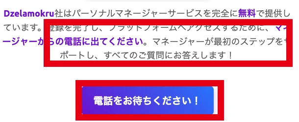 マネージャーからの電話を待つよう促すDzelamokruの登録完了画面