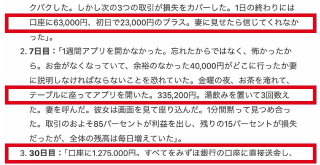 広告の体験談。初日に口座が63,000円、7日目に335,200円、30日目に1,275,000円になったと書かれている