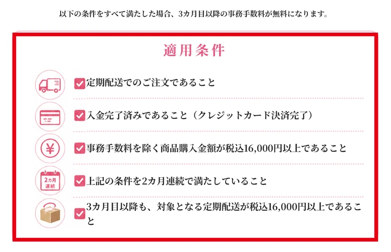 定期配送の事務手数料無料には税込16000円以上の購入と2か月の継続などの条件がある