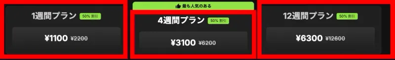 Fineloの1週間1,100円・4週間3,100円・12週間6,300円の初回料金
