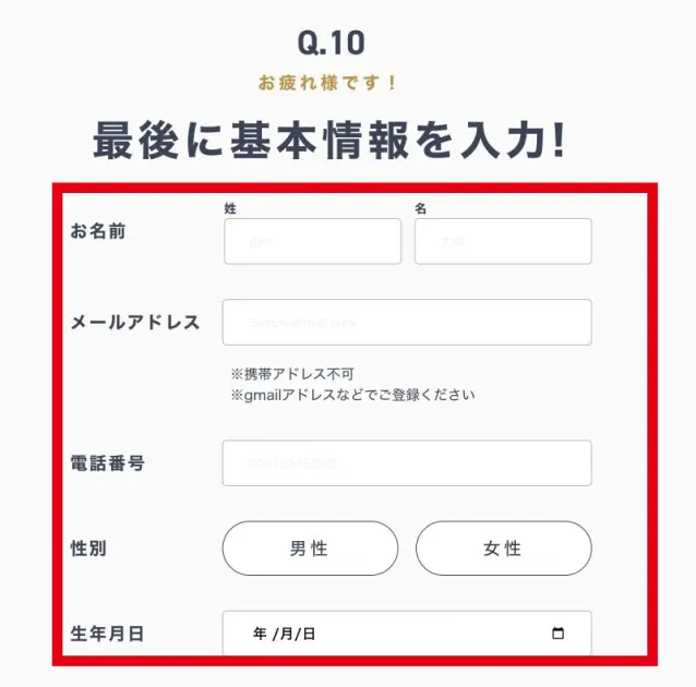 FIREレベル診断の10問目にある氏名、メールアドレス、電話番号、生年月日の入力欄