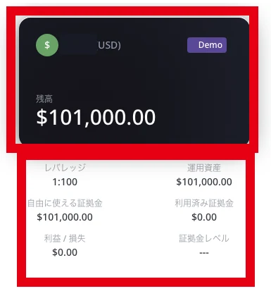 Fxvergeのデモ口座に表示された残高101,000ドルと利益・損失0ドル