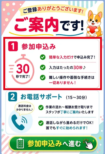 LINEに届いた案内の画像に「1 参加申込み」「2 お電話サポート(15〜30分)」と書かれ、参加申込みは「入力はたったの30秒♪」と説明されている画面