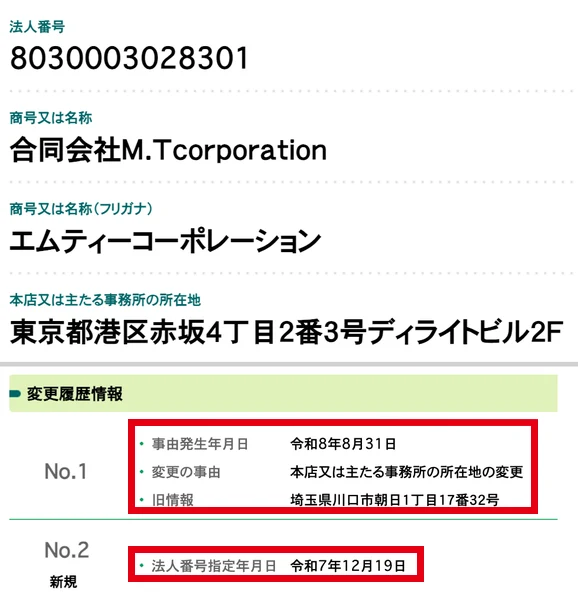 国税庁の法人番号公表サイトに、合同会社M.Tcorporationの本店が港区赤坂にあり、令和8年8月31日に埼玉県川口市から移ったことと、令和7年12月19日に法人番号が指定されたことが記録されている画面