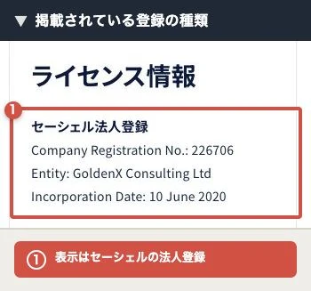 ライセンス情報の下にセーシェル法人登録と会社番号226706がある