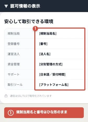 規制当局や登録番号に規制当局名・番号のひな形が残っている