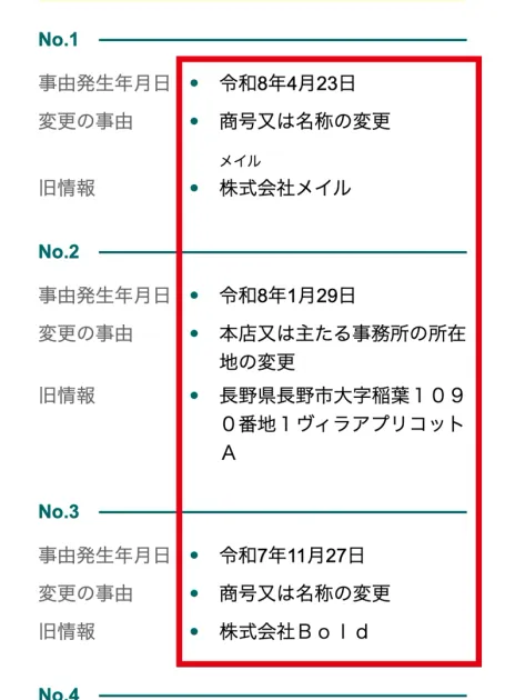 国税庁の法人番号公表サイトで株式会社英の変更履歴、令和8年4月23日に株式会社メイルから商号変更、令和8年1月29日に長野県長野市から本店移転、令和7年11月27日に株式会社Boldから商号変更と表示された部分