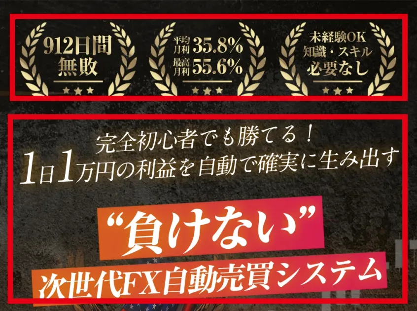 ホークアイが1日1万円、負けない、912日間無敗などを掲げる案内ページ