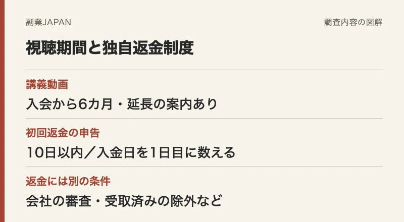 動画は入会から6カ月、独自返金は初回10日以内の申告に加えて審査等がある図解