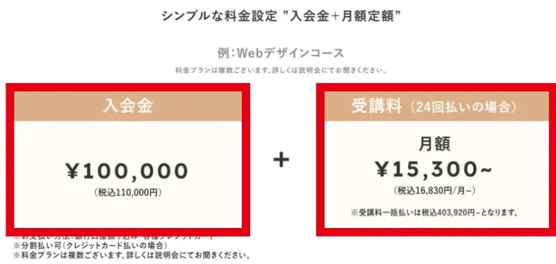 HerTech公式ページの入会金11万円、受講料40万3920円から、月額1万6830円からの料金表示