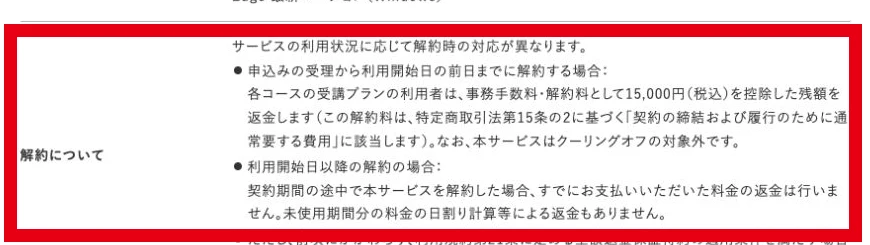 HerTechの特定商取引法に基づく表示に掲載された申込み受理後から利用開始日以降の解約・返金条件