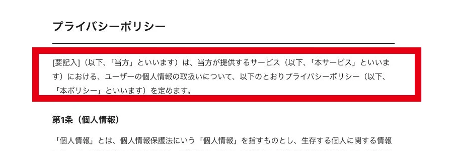 100万ポイ活投資のプライバシーポリシー冒頭に残る要記入の表示