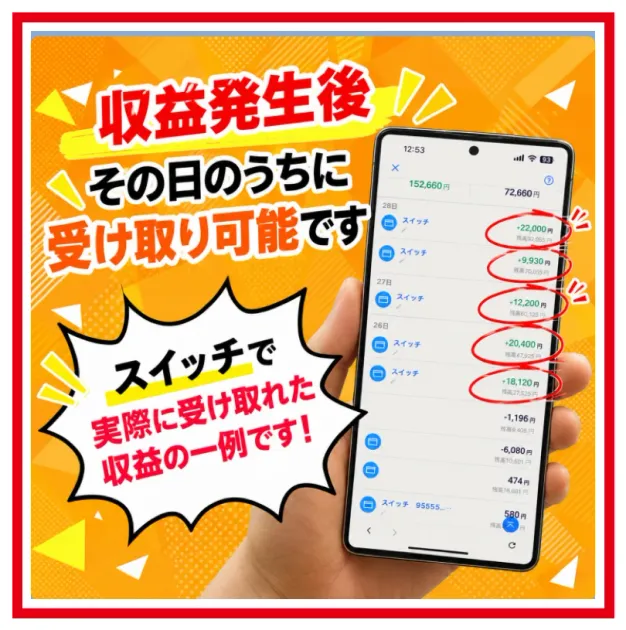 スイッチがLINEで収益実績として紹介した入出金明細の画像