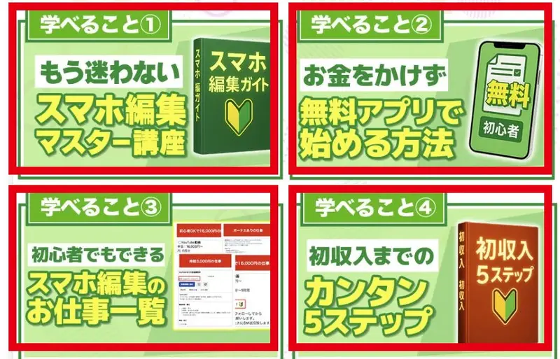 無料ガイドの広告にスマホ編集、無料アプリ、仕事一覧、初収入までの手順が表示される