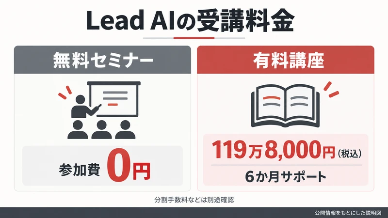 無料セミナー0円と有料講座119万8000円税込・6か月サポートを比較した図解