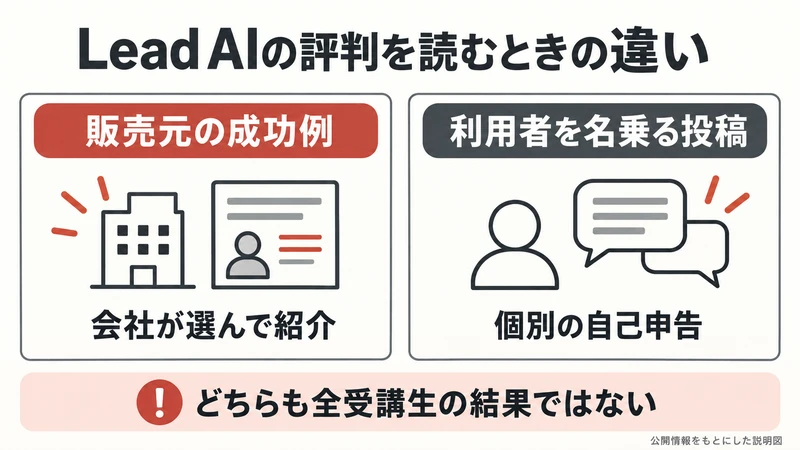 販売元の成功例は会社が選んだ紹介、利用者を名乗る投稿は個別の自己申告と示した図