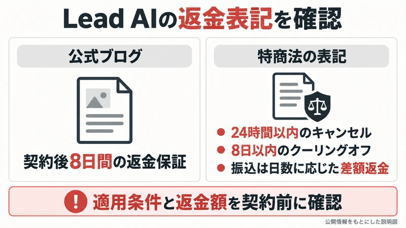 公式ブログの8日返金保証と特商法の24時間キャンセル・8日クーリングオフ・振込差額返金を並べた図