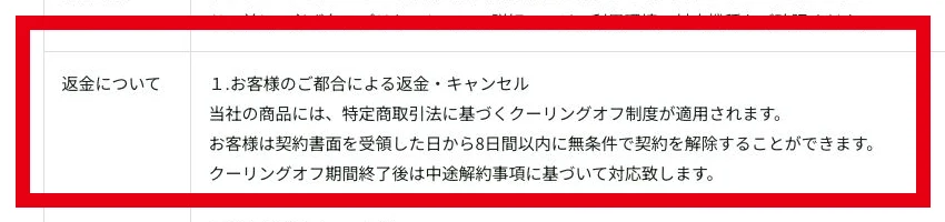 書面を受領した日から8日以内の解除と、その後の中途解約について記した返金欄