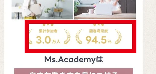 ミスアカデミー公式ページの累計参加者3万人と顧客満足度94.5%の表示