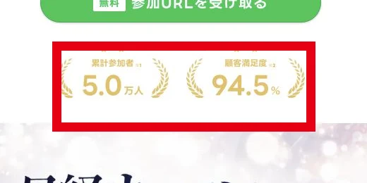ミスアカデミー案内ページの累計参加者5万人と顧客満足度94.5%の表示