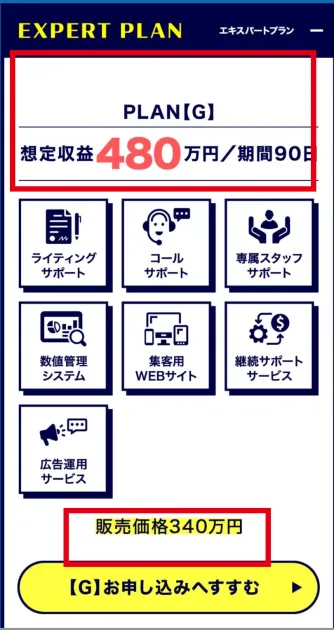 PLAN Gの販売価格340万円と想定収益480万円を表示する料金画面