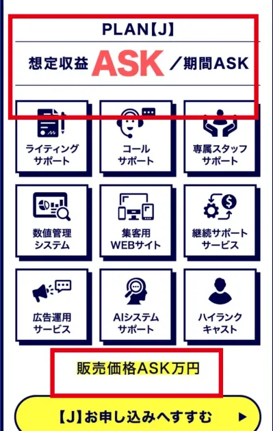 PLAN Jの販売価格と想定収益をASKと表示する料金画面