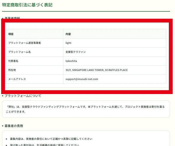 lightとtakeshitaを記載した支援型クラファンの現在の特定商取引法表記