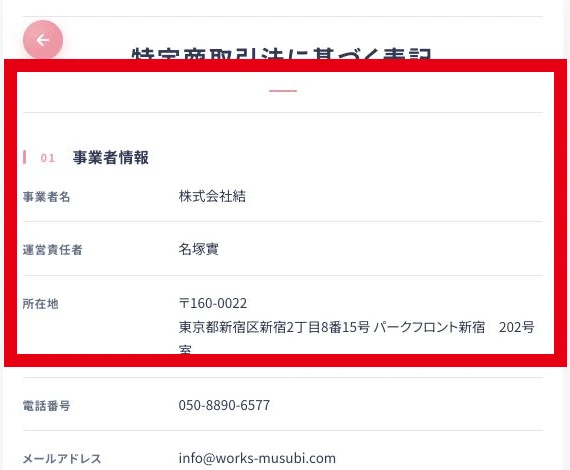株式会社結と名塚實、東京都新宿区の所在地を記載した特定商取引法表記