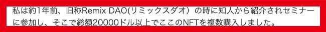 知恵袋の投稿者が旧Remix DAO時代にNFTを複数購入したと述べている