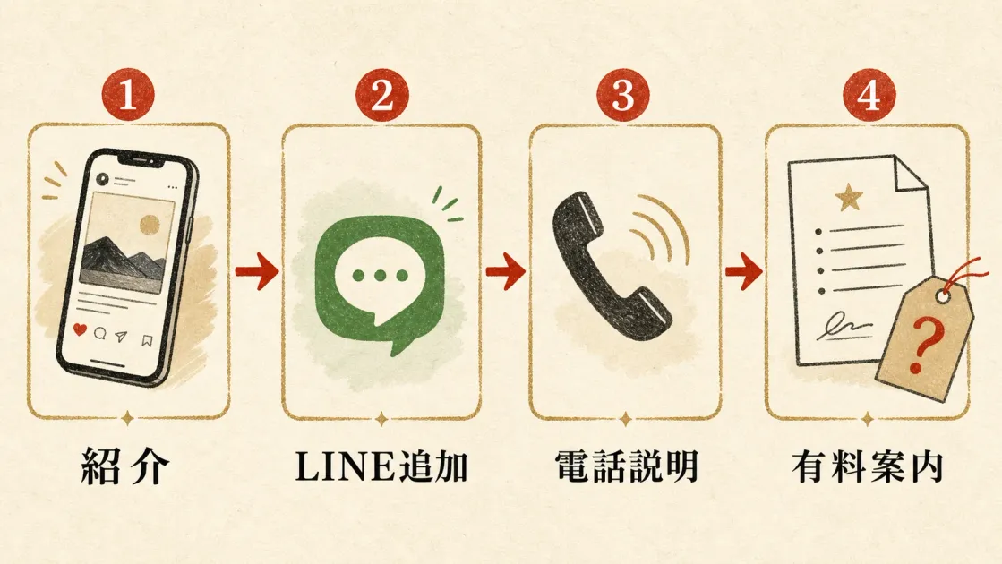 SNSでの紹介からLINE追加、電話説明、有料サポート案内へ進む流れの生成図解
