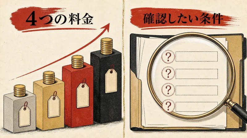 4段階の料金と未確認のサポート期間や成果条件を整理した生成図解