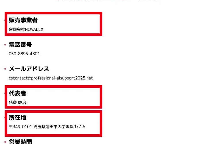 販売ページの特定商取引法表示に合同会社NOVALEX、代表者諸遊康治、所在地の記載