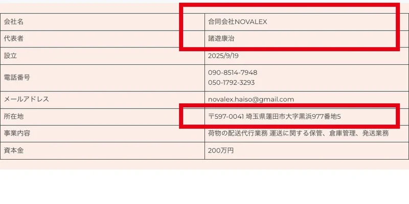 合同会社NOVALEXの企業概要に社名、代表者、所在地が掲載