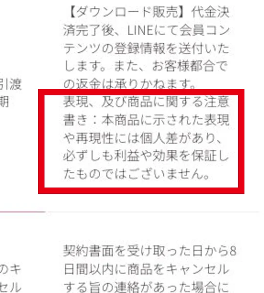 Re:cheの利益や効果を保証しないという注意書き