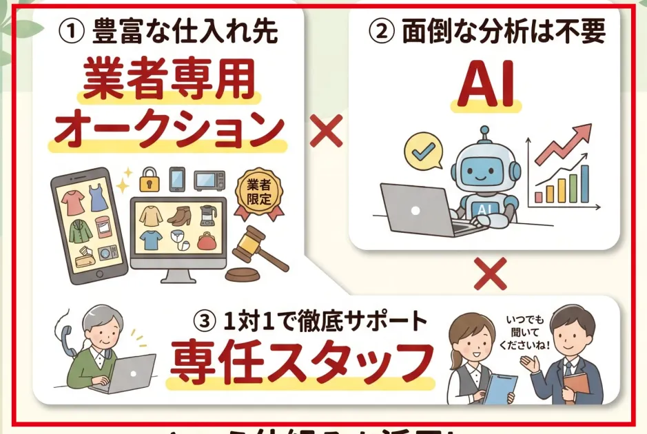 業者専用オークション、AI、専任スタッフを組み合わせる案内