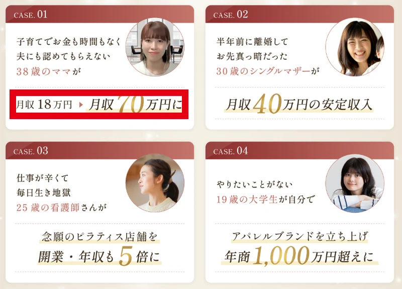 38歳のママが月収18万円から月収70万円に、30歳のシングルマザーが月収40万円の安定収入、25歳の看護師がピラティス店舗を開業して年収5倍、19歳の大学生がアパレルブランドを立ち上げ年商1,000万円超えと書かれた4件の事例
