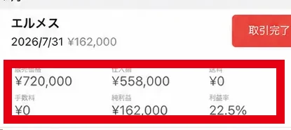 2026年7月31日のエルメス取引で販売72万円、仕入れ55万8,000円、利益率22.5％と示す画面