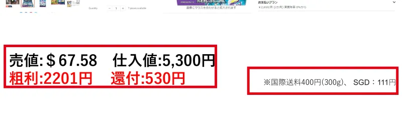 Shopee商品リストの粗利2201円と国際送料400円