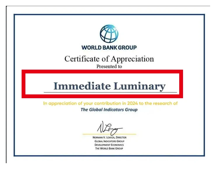 Immediate Luminary宛てのCertificate of Appreciationと書かれた掲載文書