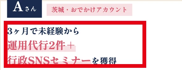 案内ページに掲載された受講生Aさんの運用代行2件と行政SNSセミナーの成果例